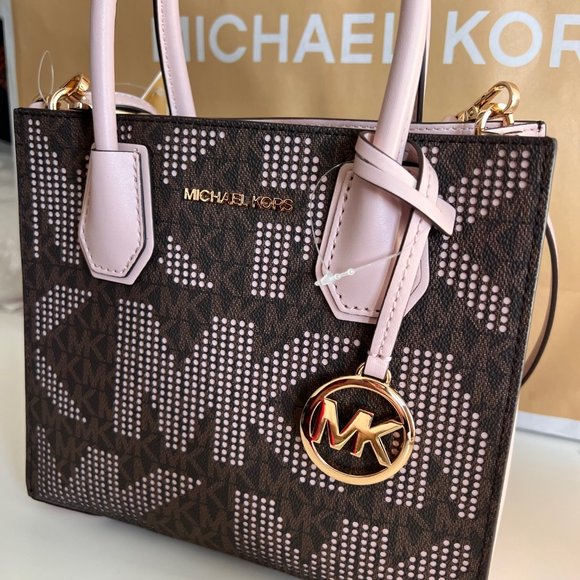 MICHAEL KORS Mercer Medium Pebbled Leather Crossbody Bag Brown/Pink Perforated - Picture 4 of 16